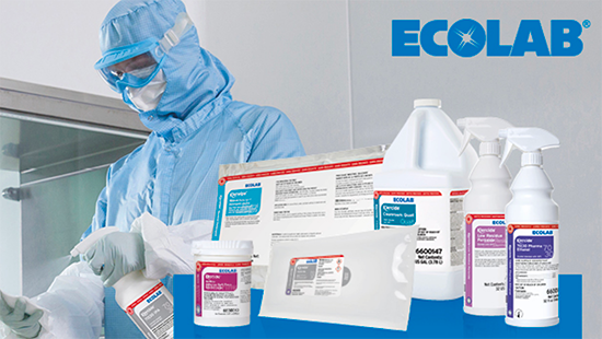 Ecolab Klercide products with cleanroom technician straying onto a wipe