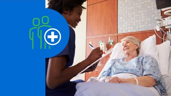 Healthcare professional speaking with an elderly patient in a hospital bed, with a blue background and medical icon on the left.