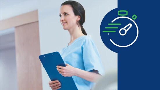 Healthcare professional in blue scrubs holding a clipboard in a medical facility, with a speedometer icon on a dark blue background.