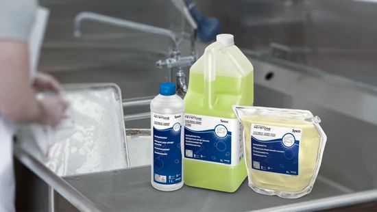 Keystone Manual Dish products sat on a kitchen work surface with sink in the background