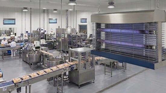 Industrial food processing line with conveyor belts and UV fly control unit in a clean factory setting.